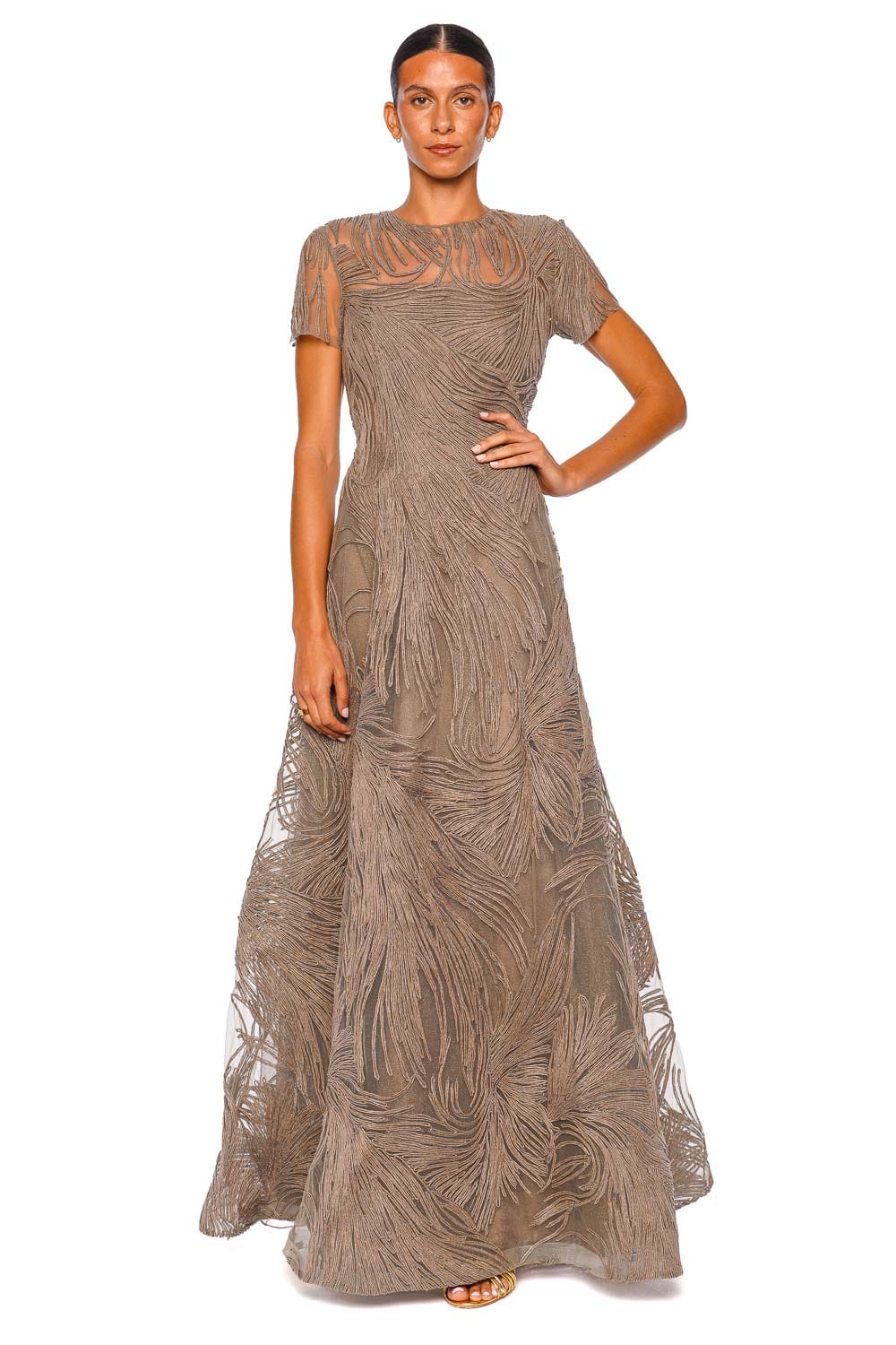 Naeem Khan Short Sleeve Illusion Neckline Raffia Stone Grey Gown