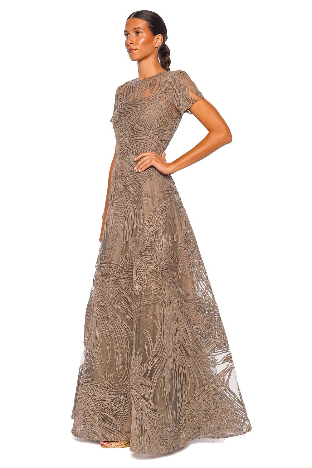 Naeem Khan Short Sleeve Illusion Neckline Raffia Stone Grey Gown