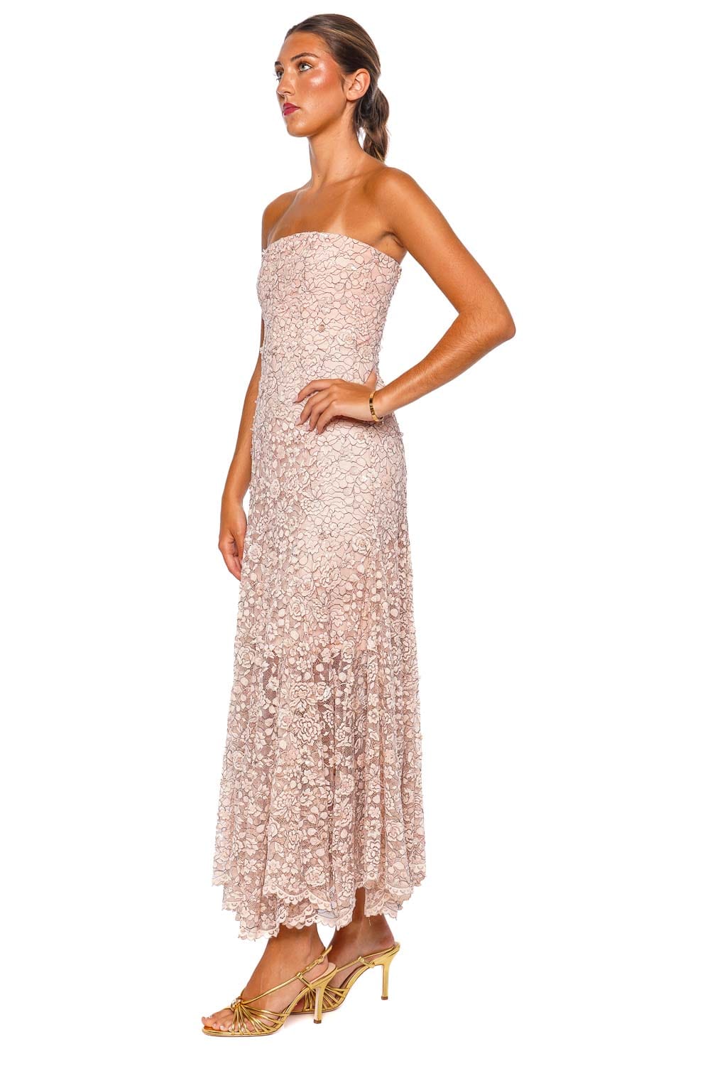 LA FUORI Ballet Rose Pink Strapless Lace Midi Dress