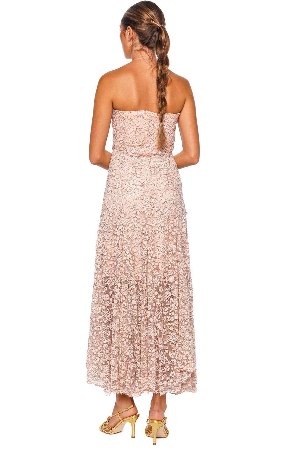 LA FUORI Ballet Rose Pink Strapless Lace Midi Dress