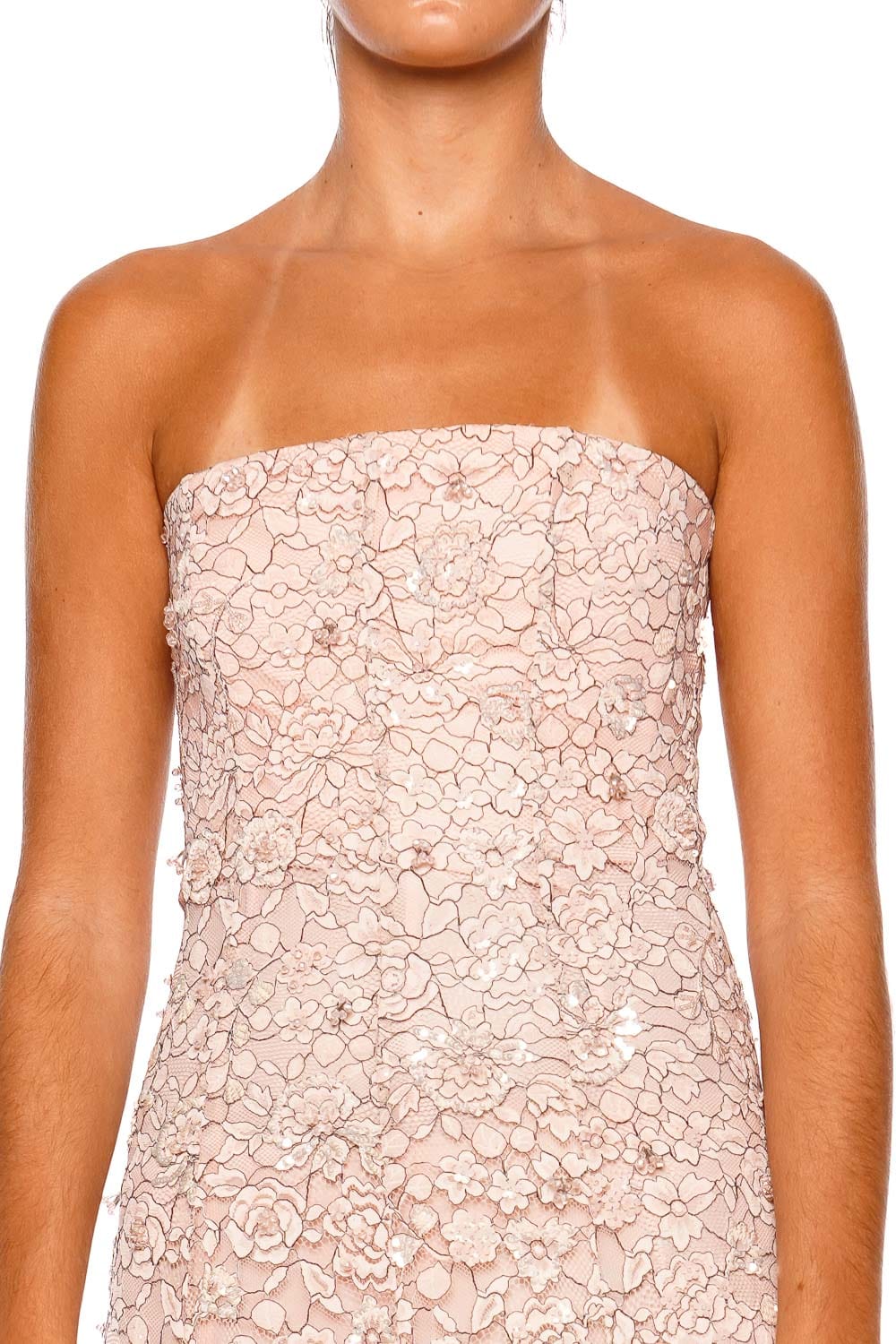 LA FUORI Ballet Rose Pink Strapless Lace Midi Dress