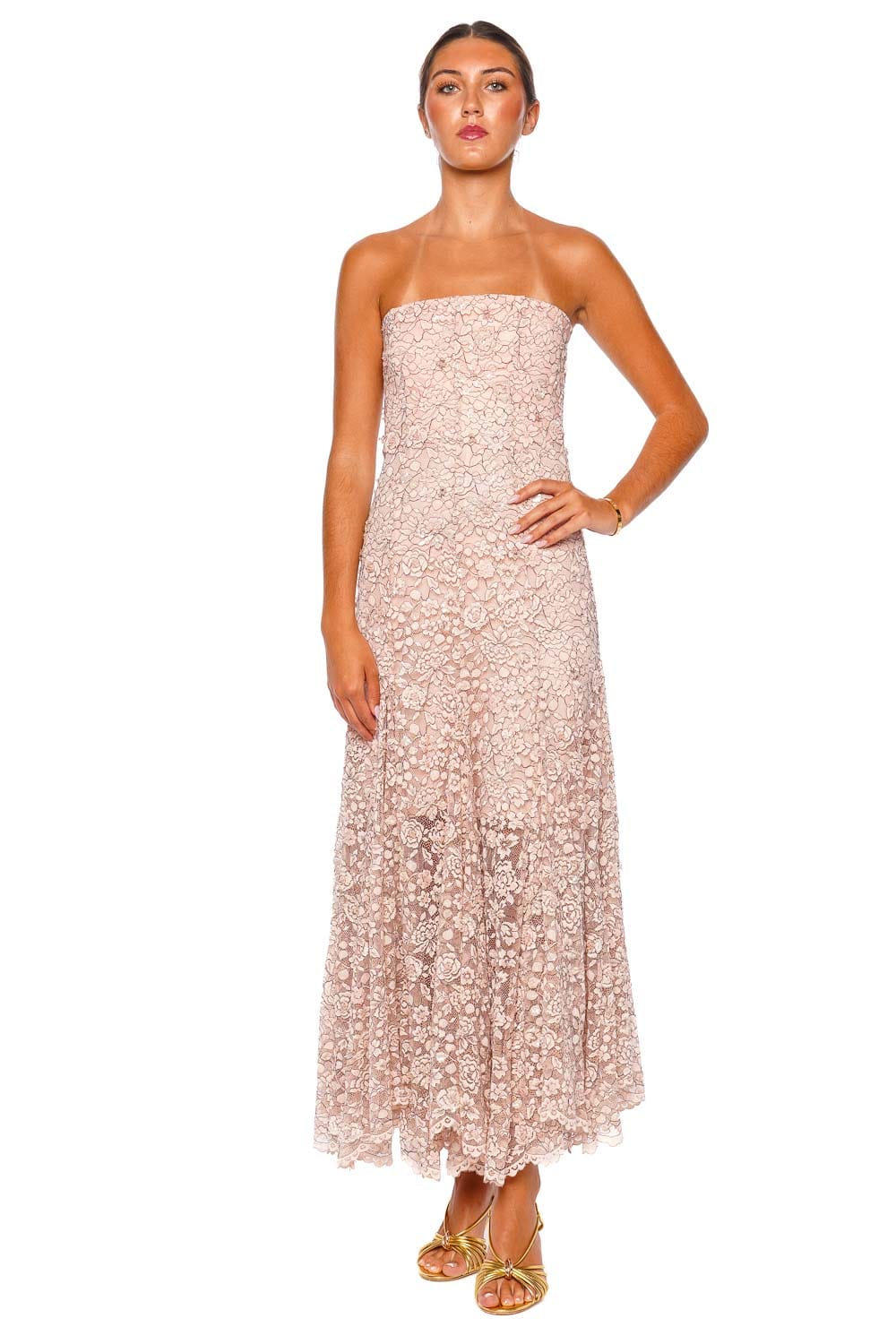 LA FUORI Ballet Rose Pink Strapless Lace Midi Dress