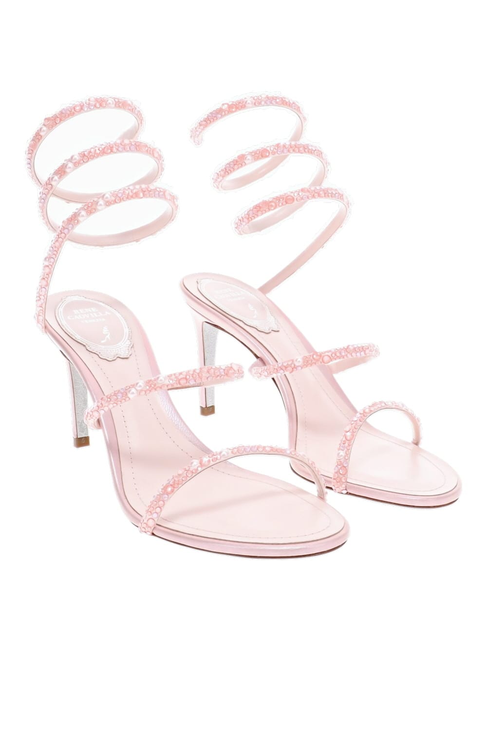 RENE CAOVILLA Pearl Pink Ankle Wrap Heel Sandal