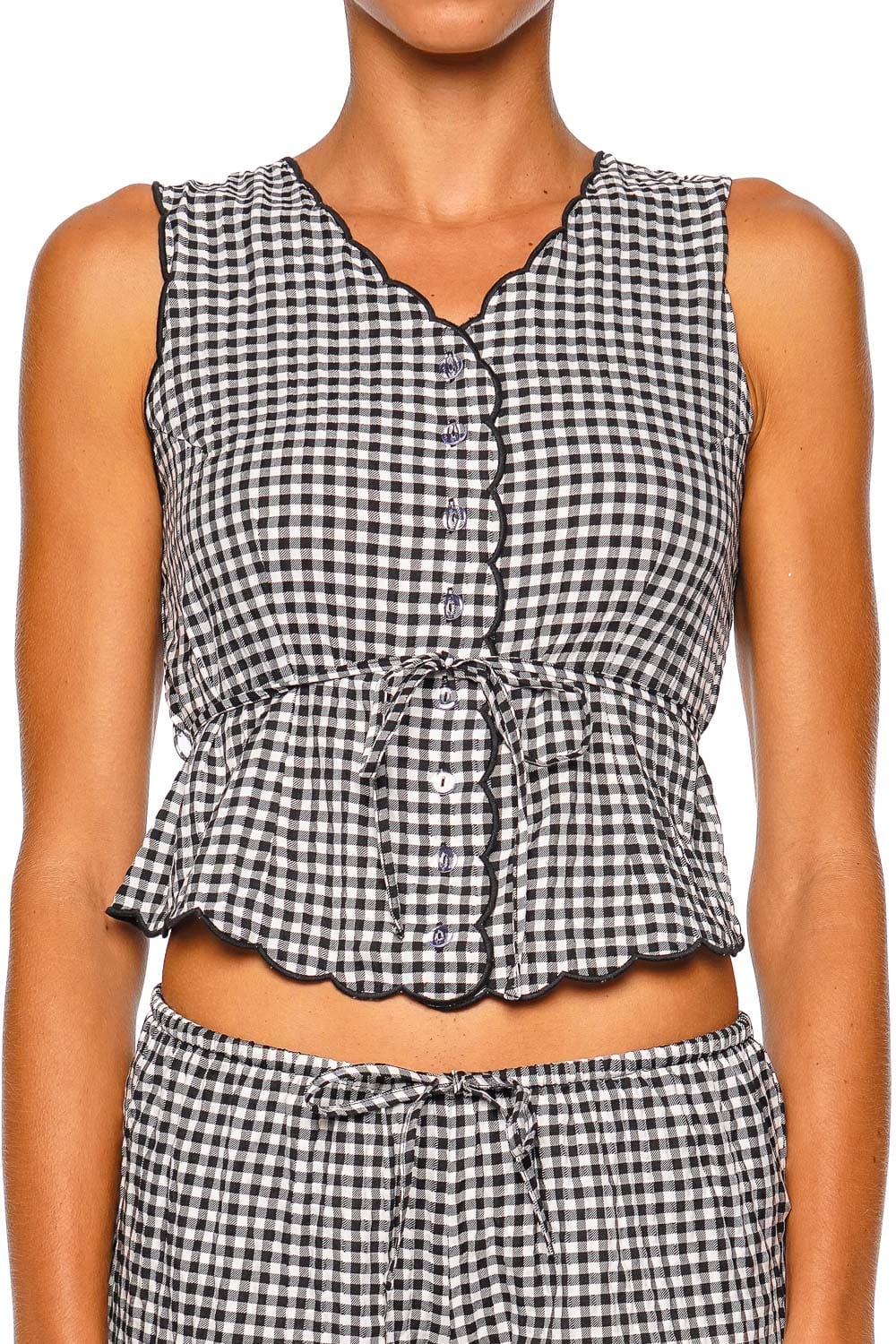 Montce Swim Gingham Scalloped Vest Black and White Sleeveless Peplum Top