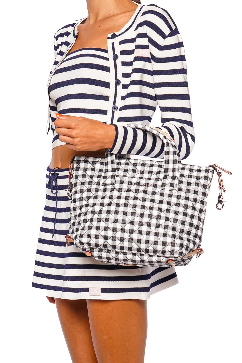 MZ Wallace Small Sutton Deluxe II Black and White Gingham Quilted Tote Bag