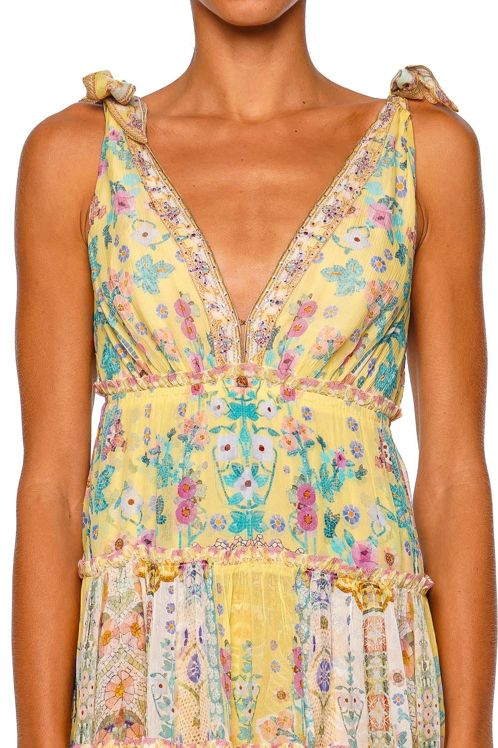 Camilla Tiered Short Dress With Shoulder Ties Yellow Sleeveless Mini Dress