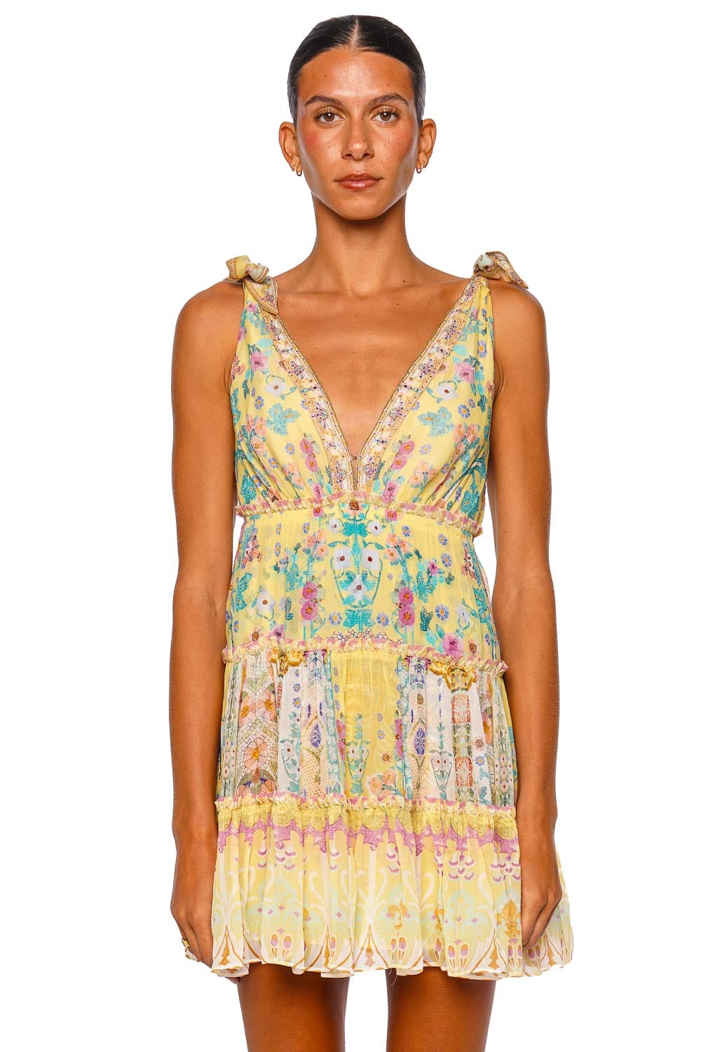 Camilla Tiered Short Dress With Shoulder Ties Yellow Sleeveless Mini Dress