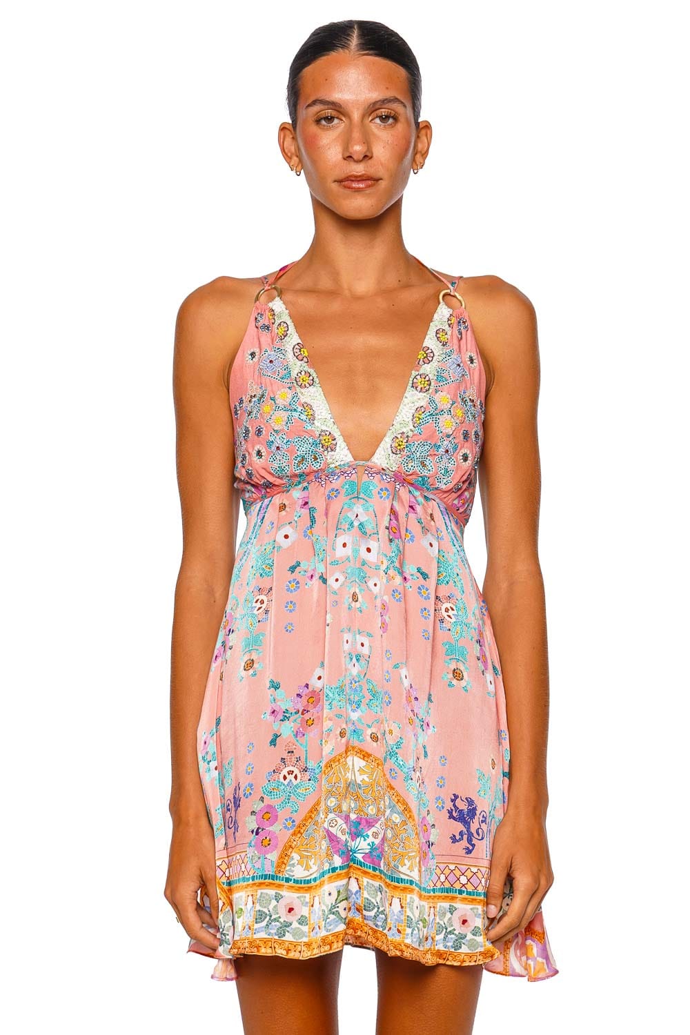 Camilla Short Flared Dress With Hardware Pink Strappy Mini Dress