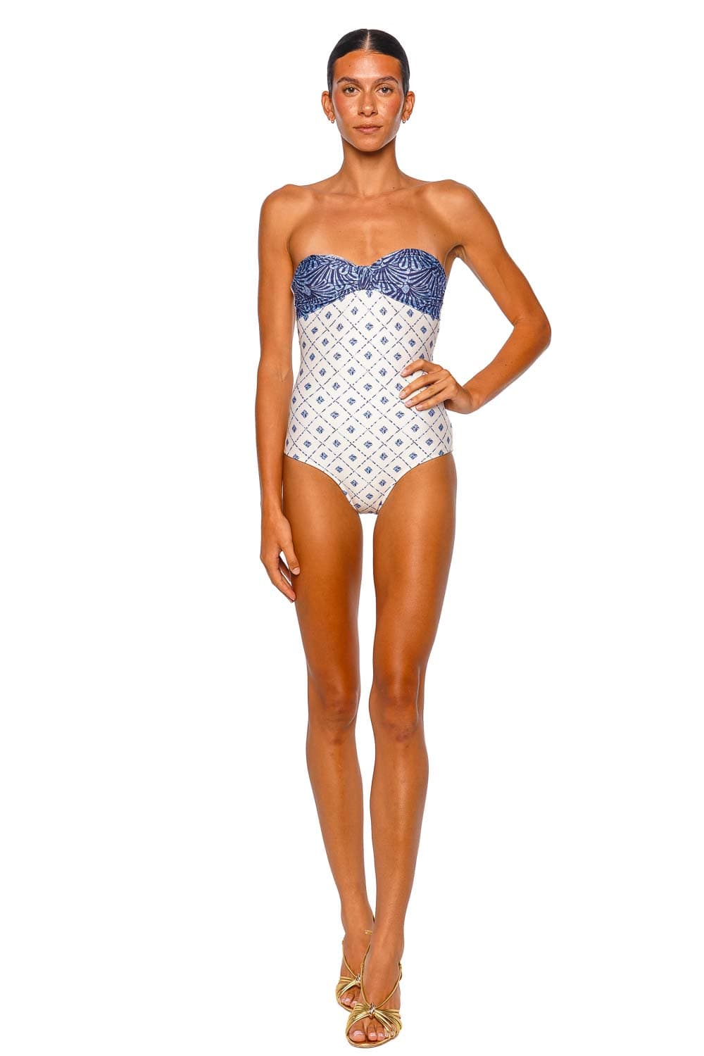 Shani Shemer Aloe Blue Mosaic Print Strapless One Piece Swimsuit
