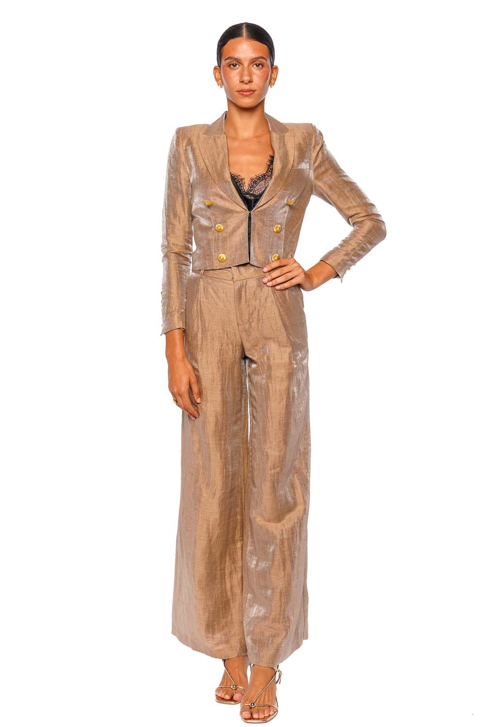 L'AGENCE Inez Latte Gold Cropped Linen Blazer