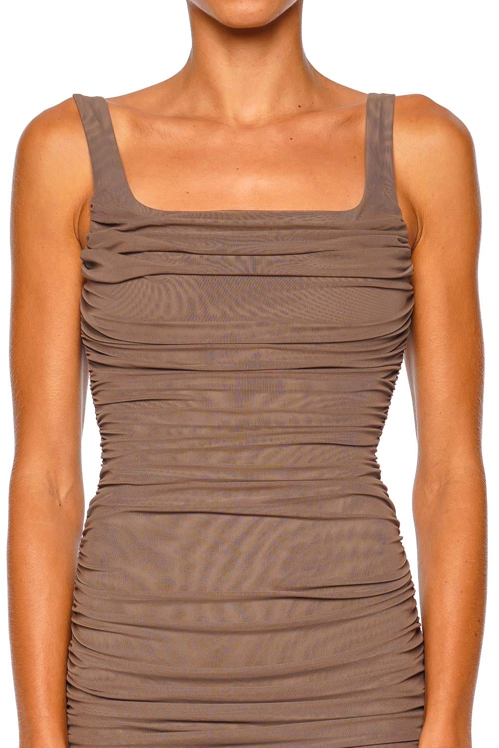 L'AGENCE Anya Dark Cardamom Ruched Mesh Midi Dress