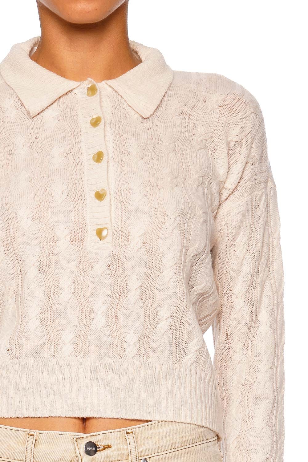 L'AGENCE Airy Ivory Long Sleeve Collared Cable Knit Sweater