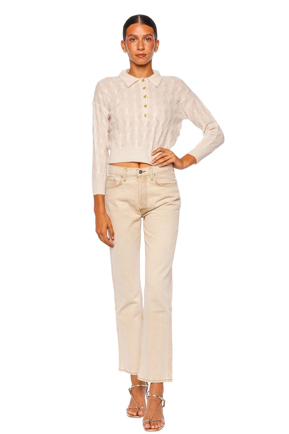 L'AGENCE Airy Ivory Long Sleeve Collared Cable Knit Sweater