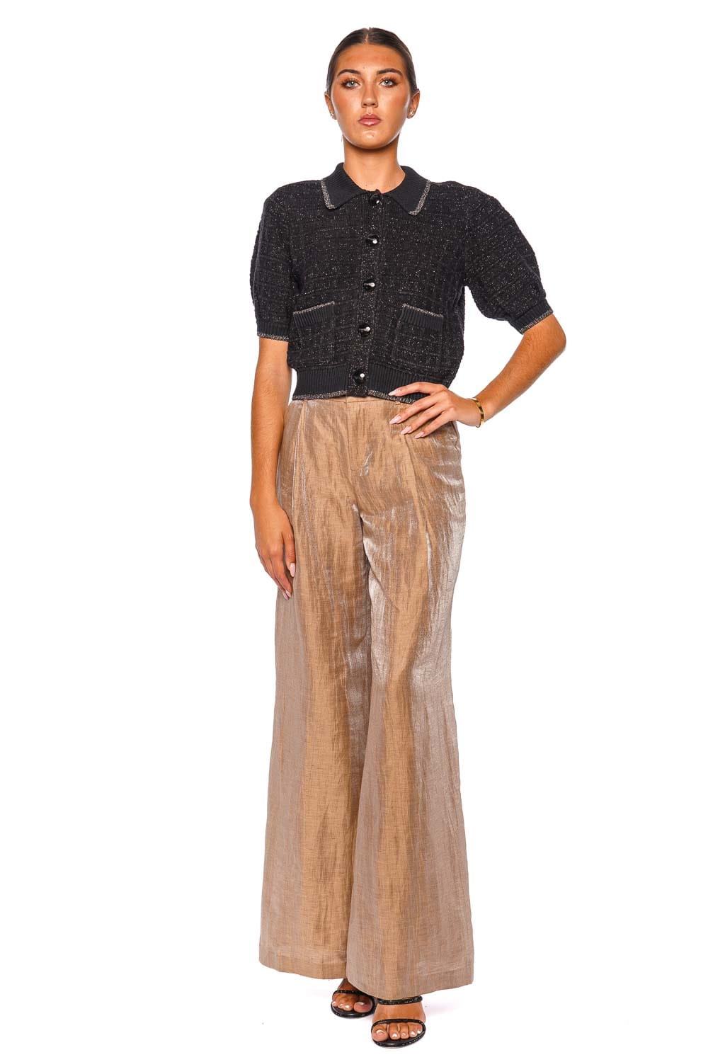 L'AGENCE Novalie Black Lurex Short Sleeve Cropped Cardigan