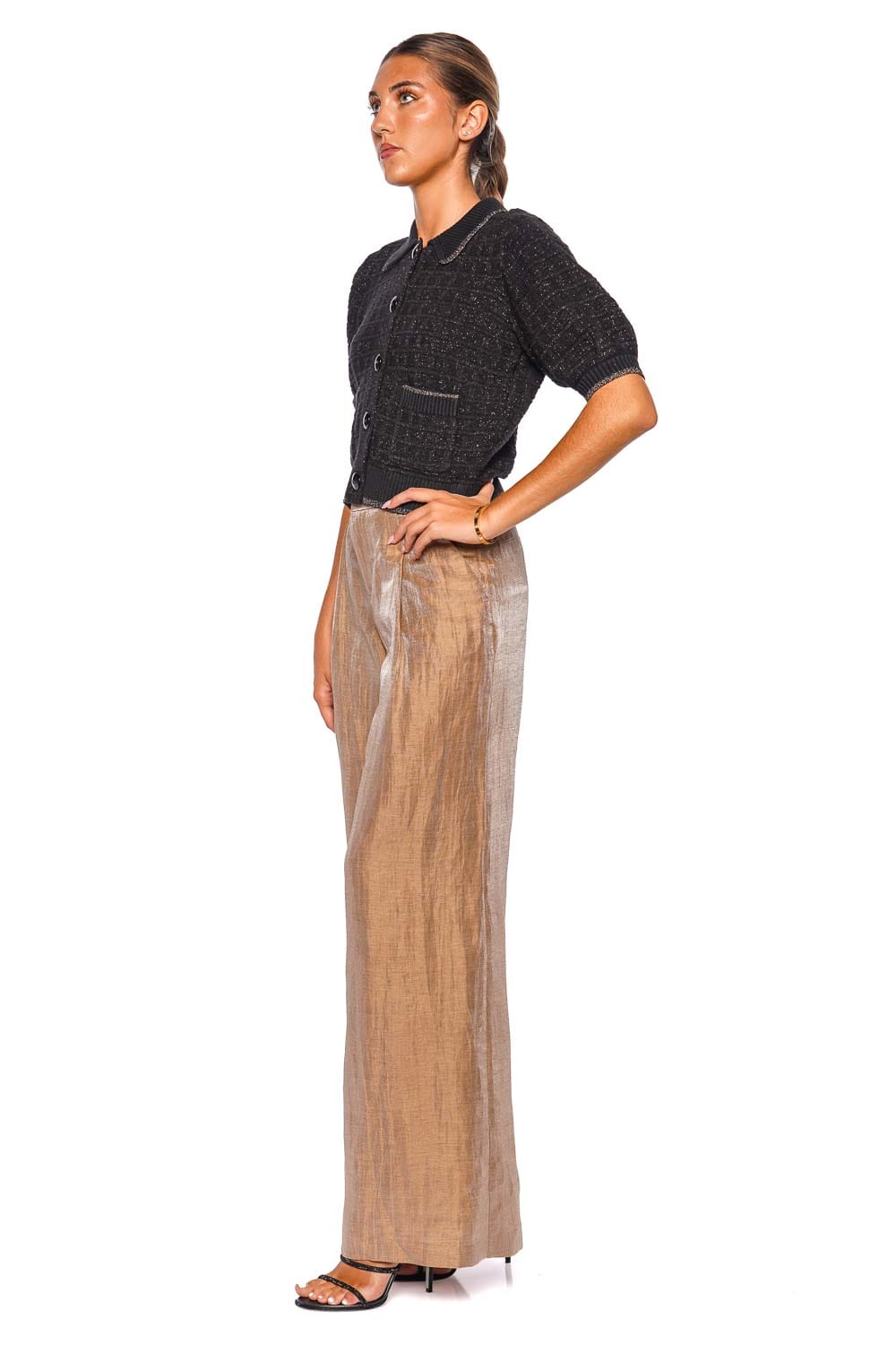 L'AGENCE Novalie Black Lurex Short Sleeve Cropped Cardigan