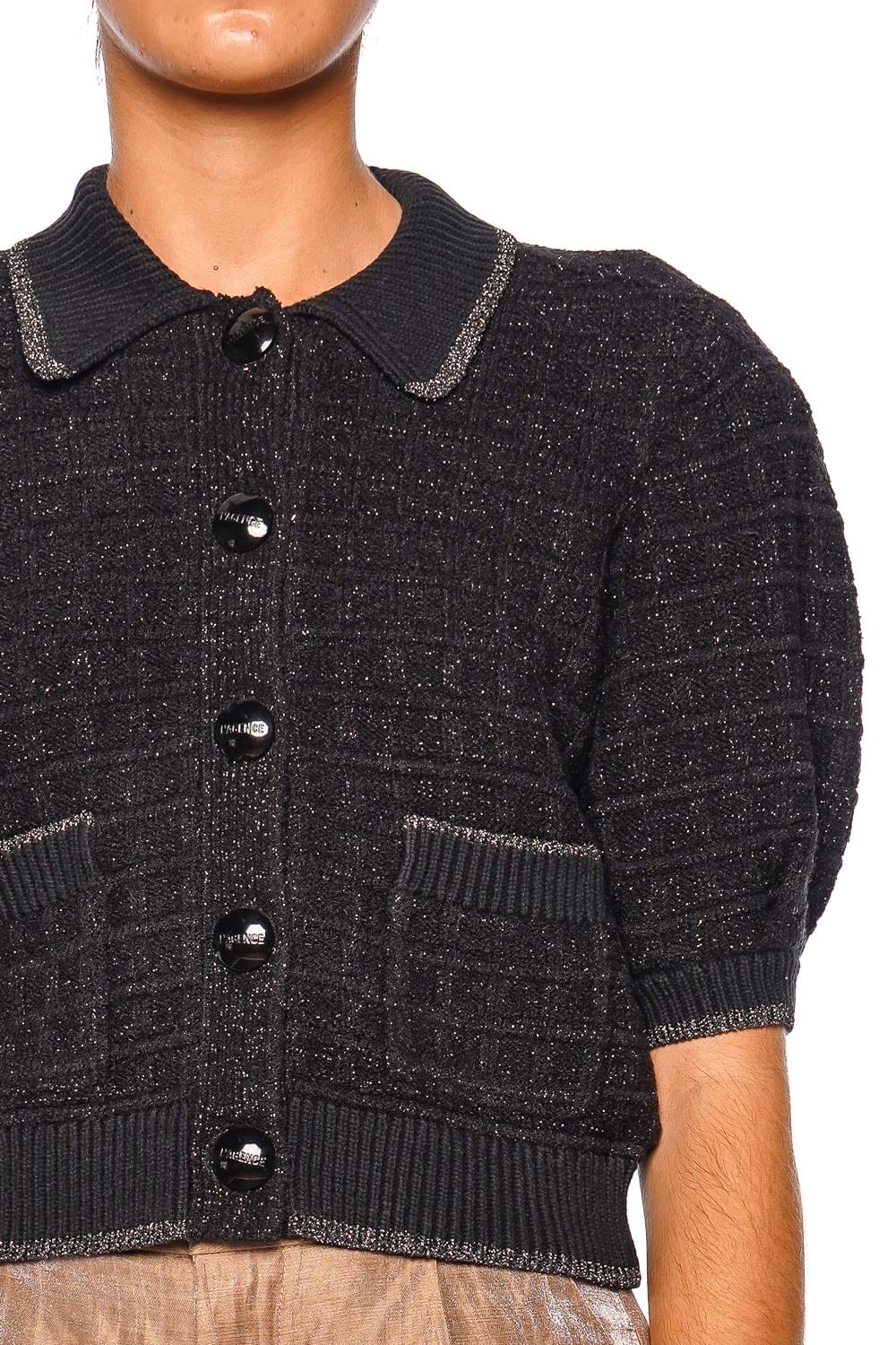 L'AGENCE Novalie Black Lurex Short Sleeve Cropped Cardigan