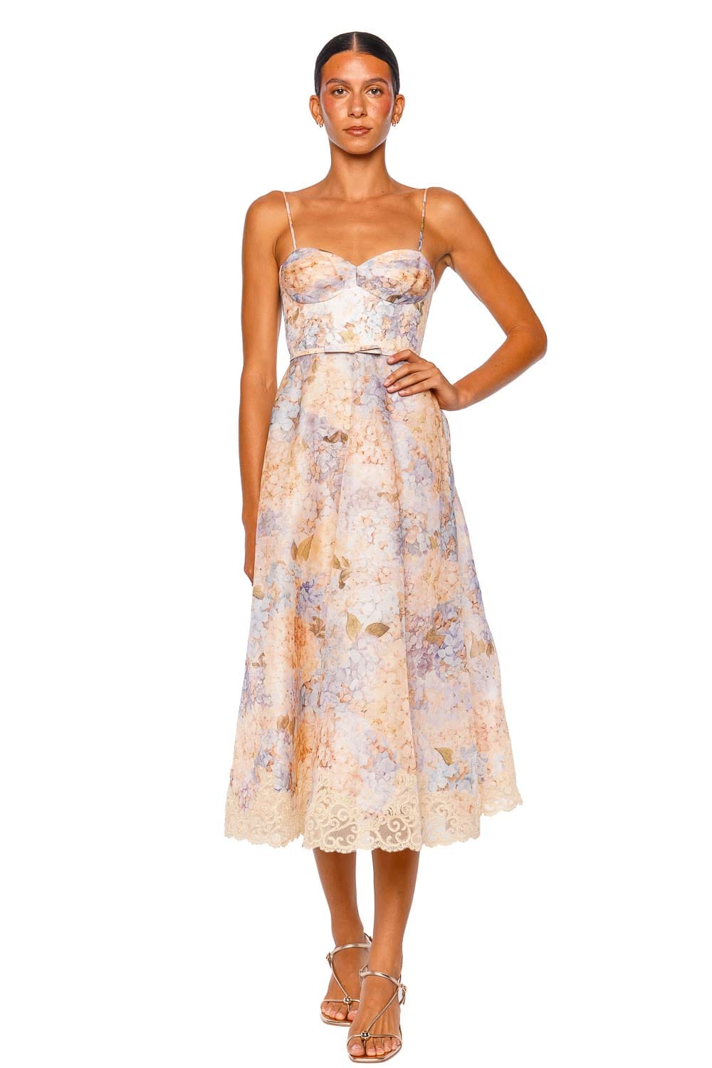 ZIMMERMANN Valiant Tucked Blue Hydrangea Lace Trim Midi Dress