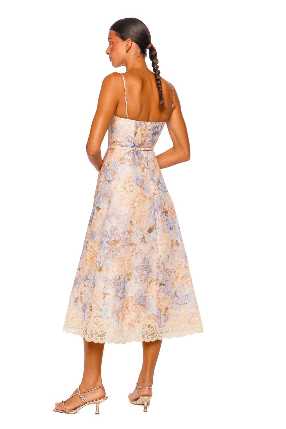 ZIMMERMANN Valiant Tucked Blue Hydrangea Lace Trim Midi Dress