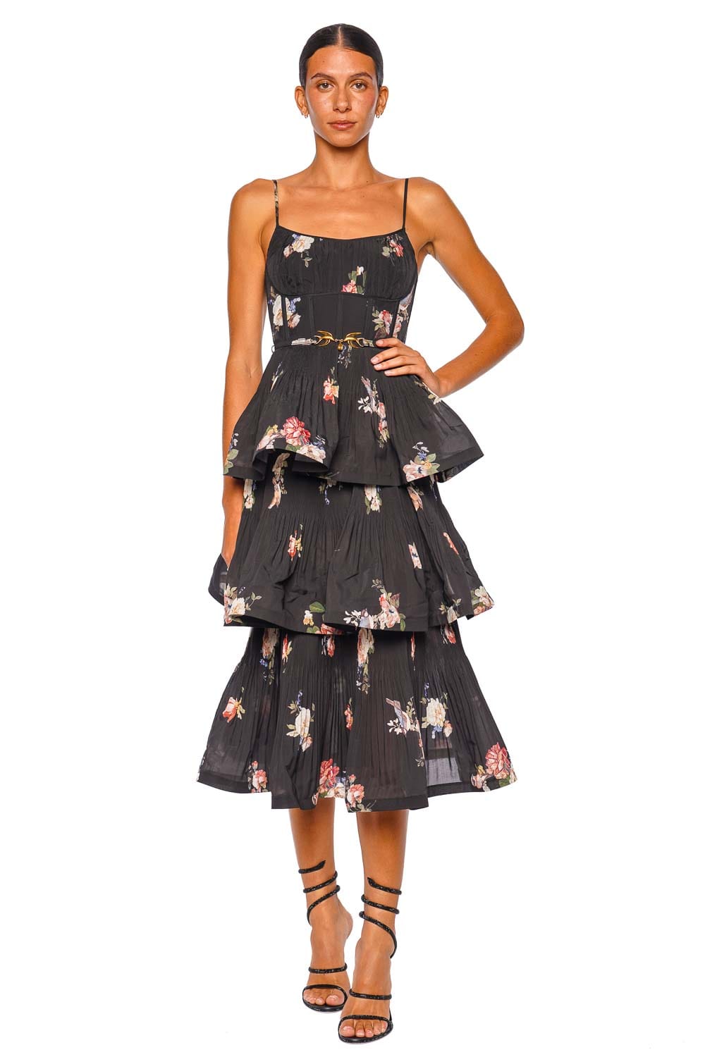 ZIMMERMANN Black Bird Pleated Tiered Midi Dress
