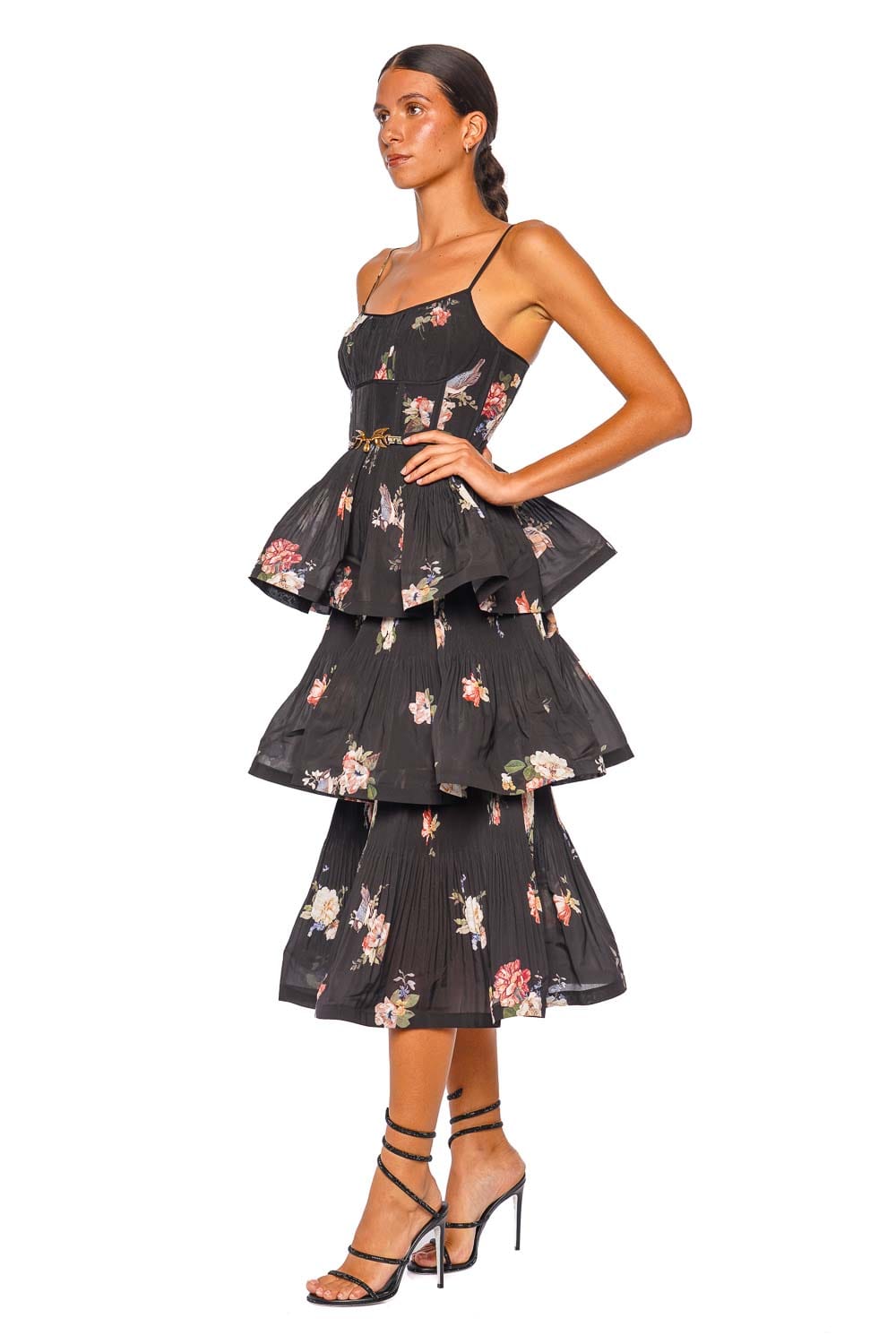 ZIMMERMANN Black Bird Pleated Tiered Midi Dress