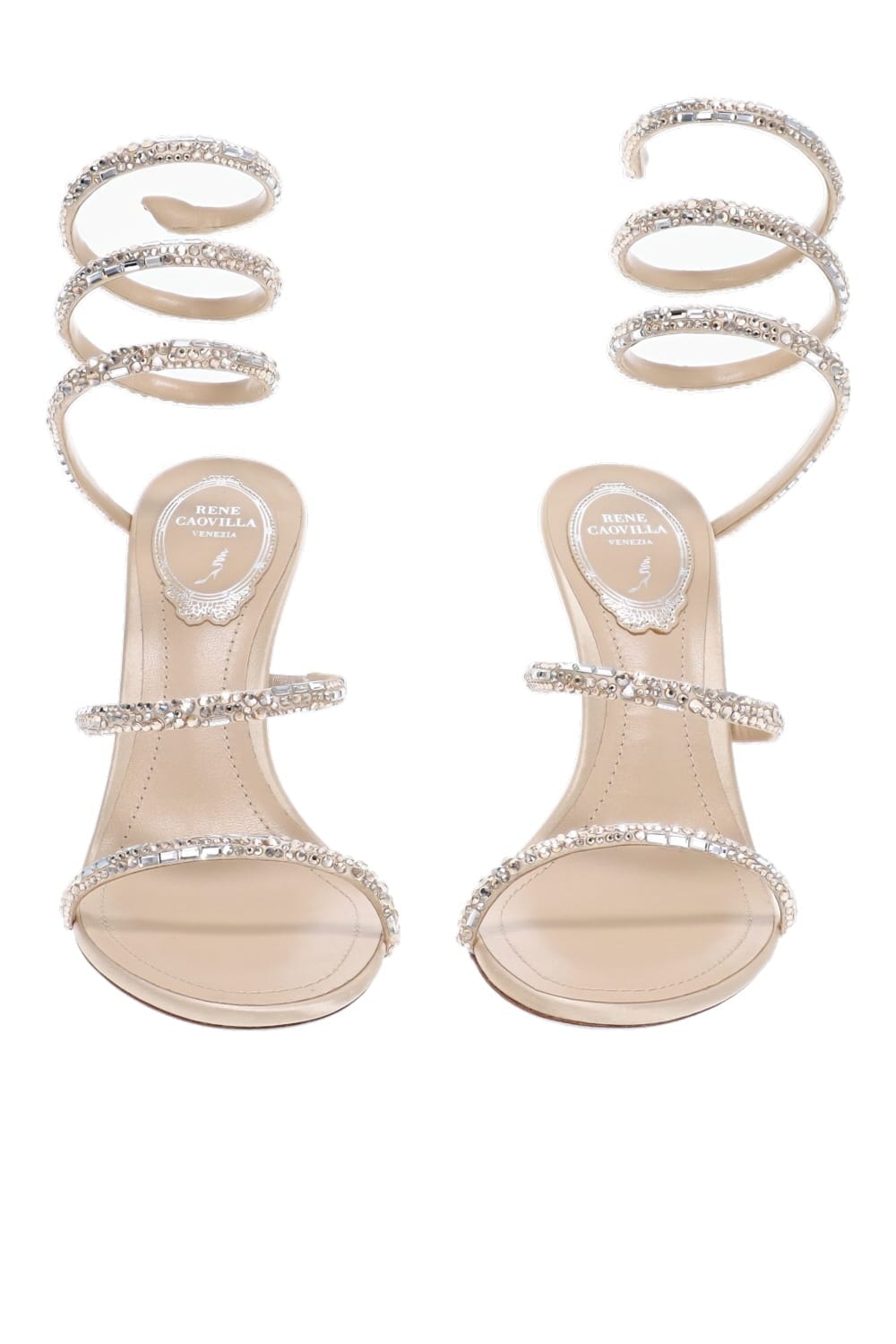 RENE CAOVILLA Crystal Ankle Wrap Heel Sandal Golden Shadow Rhinestone Spiral Stiletto Sandal