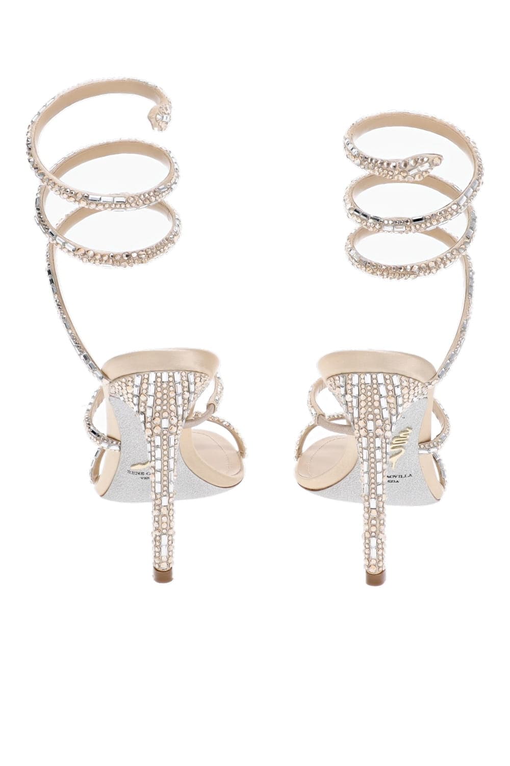 RENE CAOVILLA Crystal Ankle Wrap Heel Sandal Golden Shadow Rhinestone Spiral Stiletto Sandal