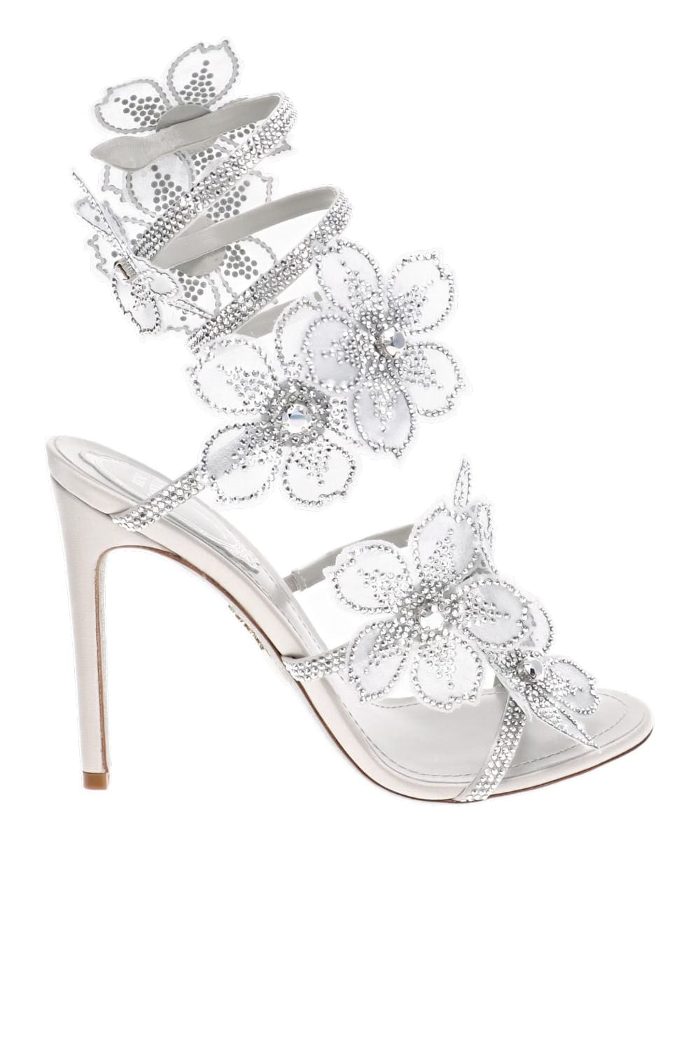 RENE CAOVILLA Floral Ankle Wrap Heel Sandal Silver Embellished High Heel
