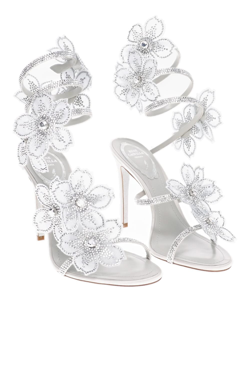 RENE CAOVILLA Floral Ankle Wrap Heel Sandal Silver Embellished High Heel