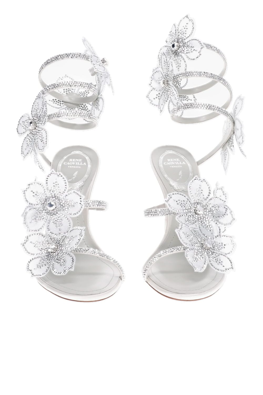 RENE CAOVILLA Floral Ankle Wrap Heel Sandal Silver Embellished High Heel