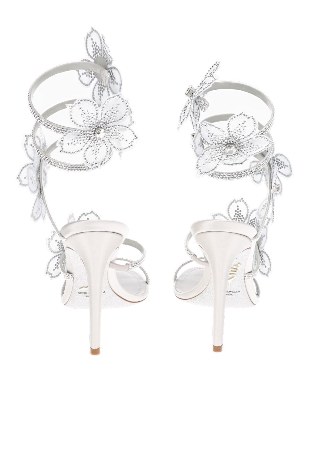 RENE CAOVILLA Floral Ankle Wrap Heel Sandal Silver Embellished High Heel