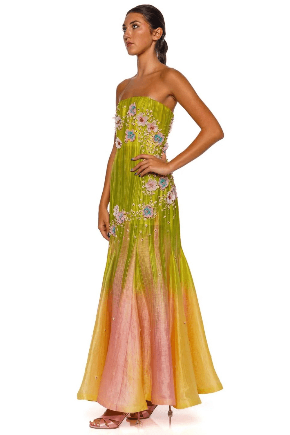 LA FUORI Sunset Glow Strapless Ombre Embroidered Gown