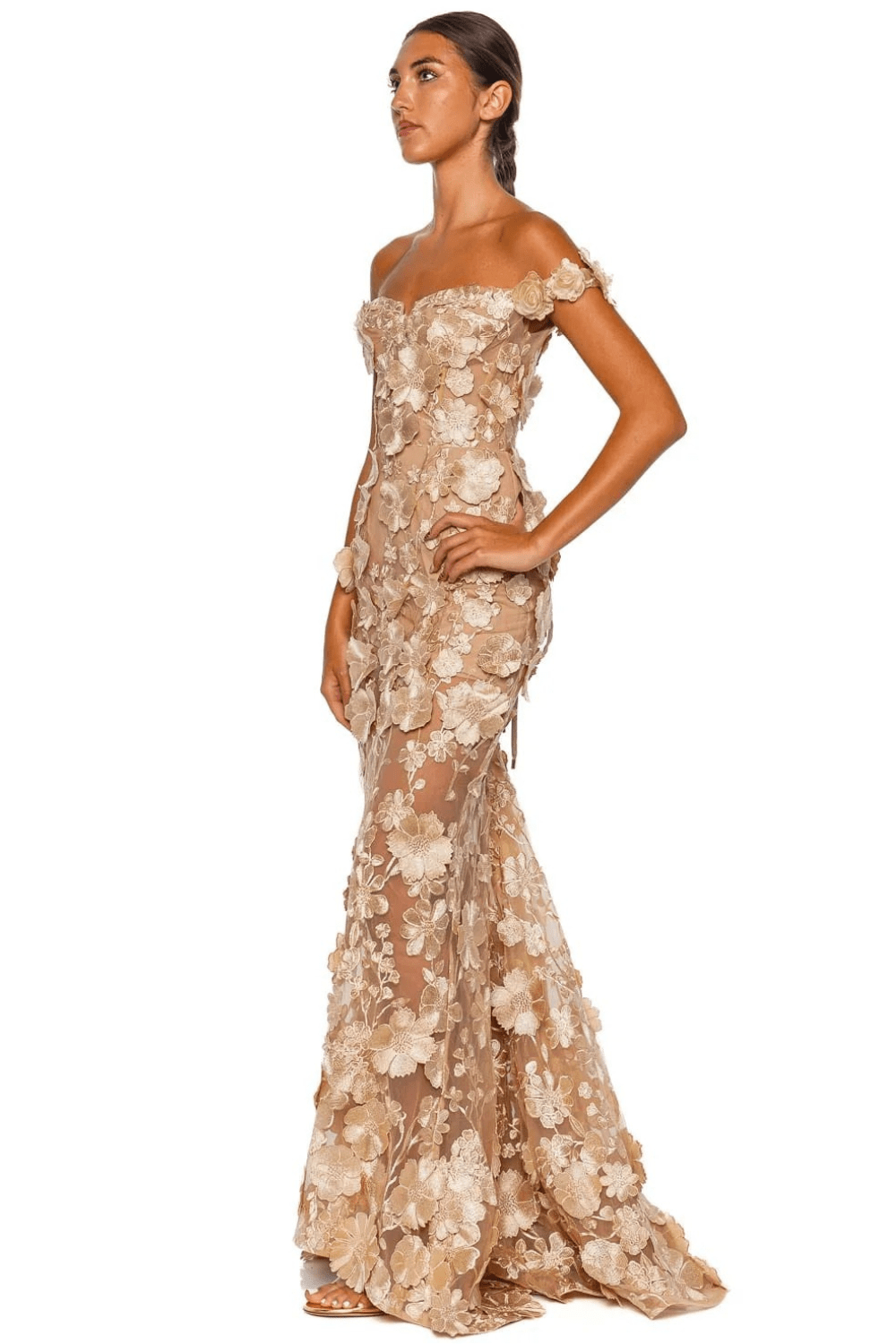 Bronx and Banco Jasmine Gold Off Shoulder Floral Gown