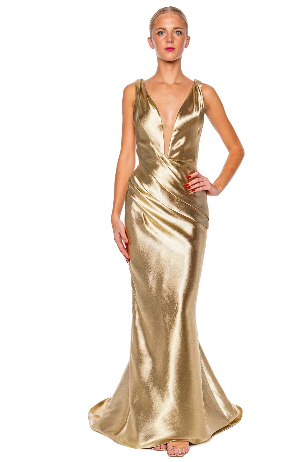 Marchesa Gold Plunge Neck Cut Out Gown