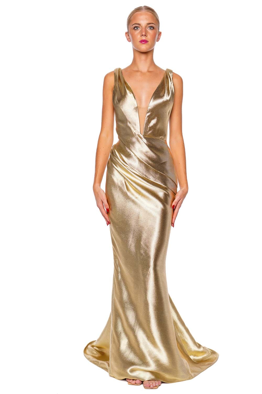 Marchesa Gold Plunge Neck Cut Out Gown