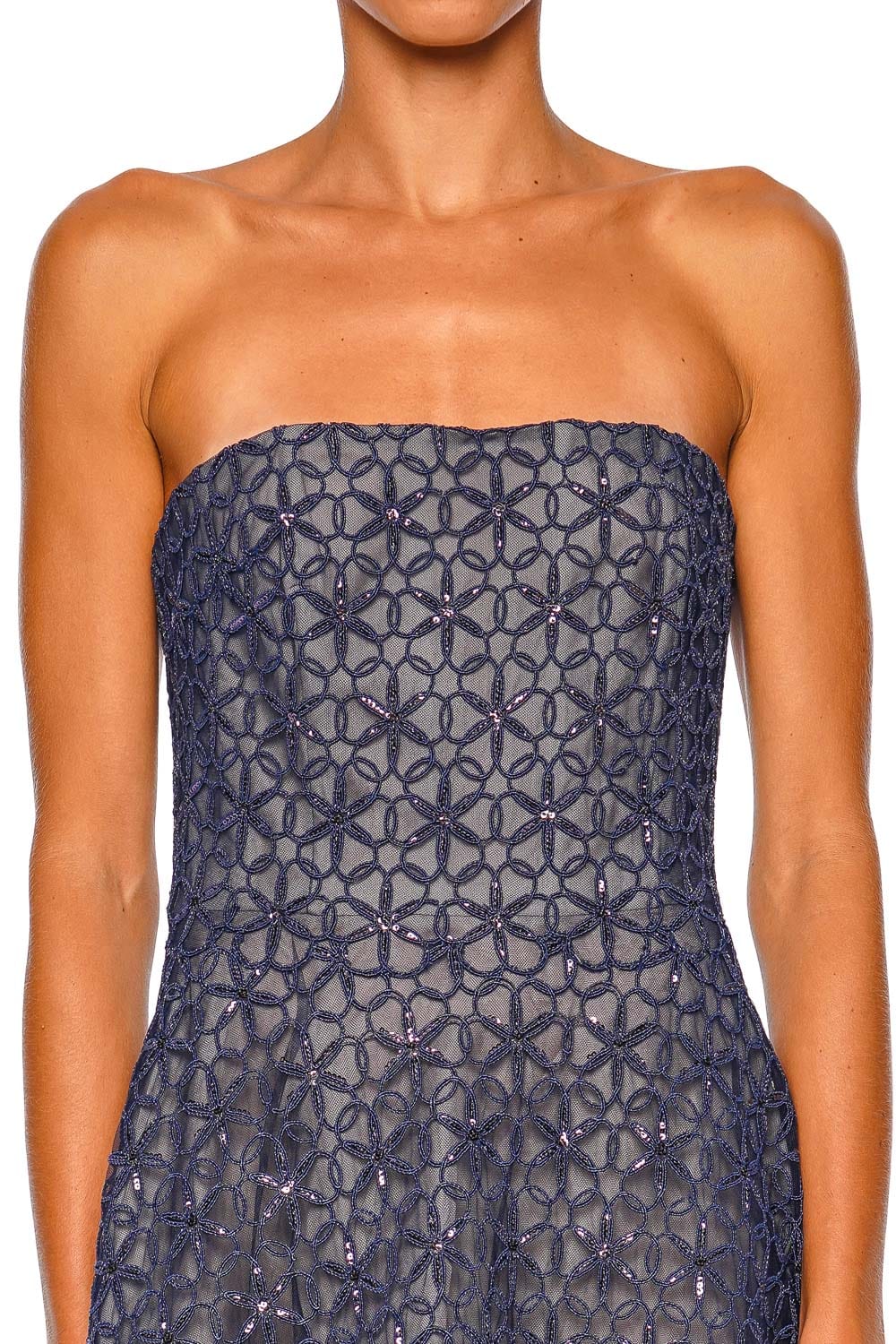 Navy Floral Cording Embellished Strapless Gown