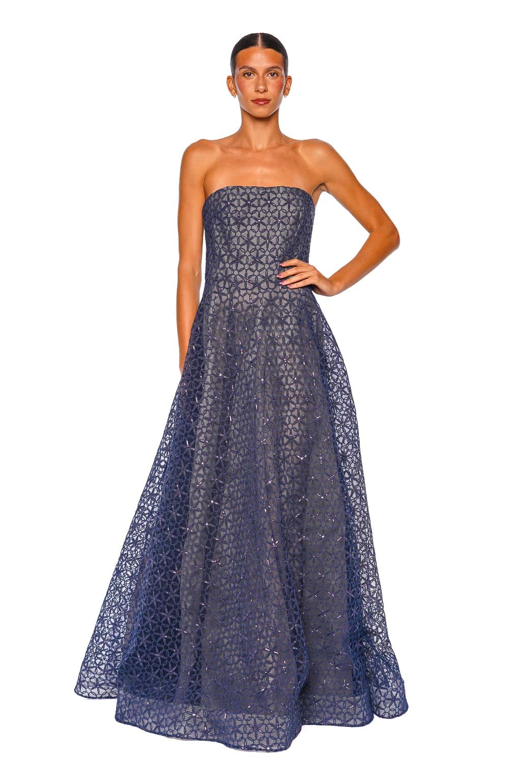 Navy Floral Cording Embellished Strapless Gown
