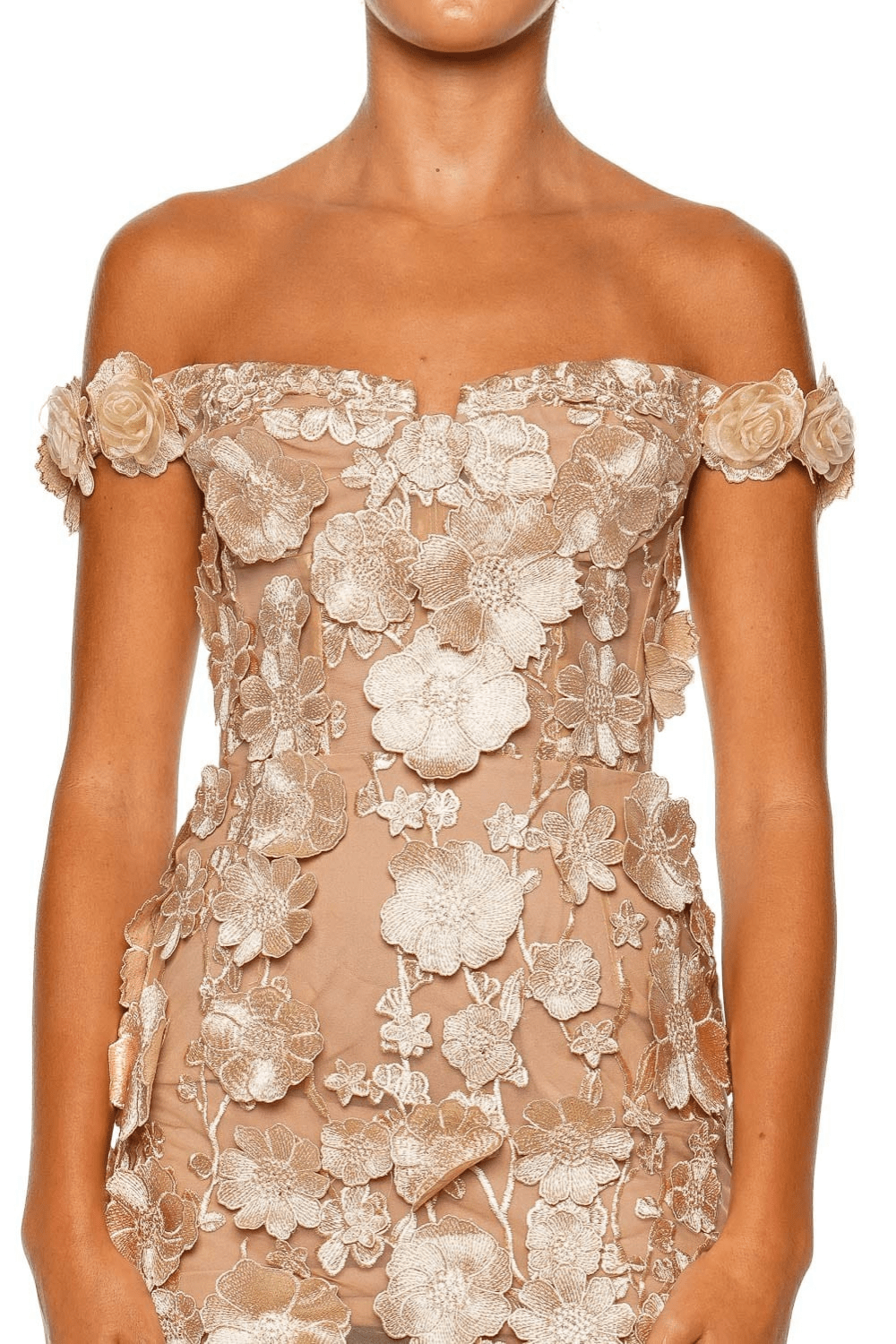 Bronx and Banco Jasmine Gold Off Shoulder Floral Gown