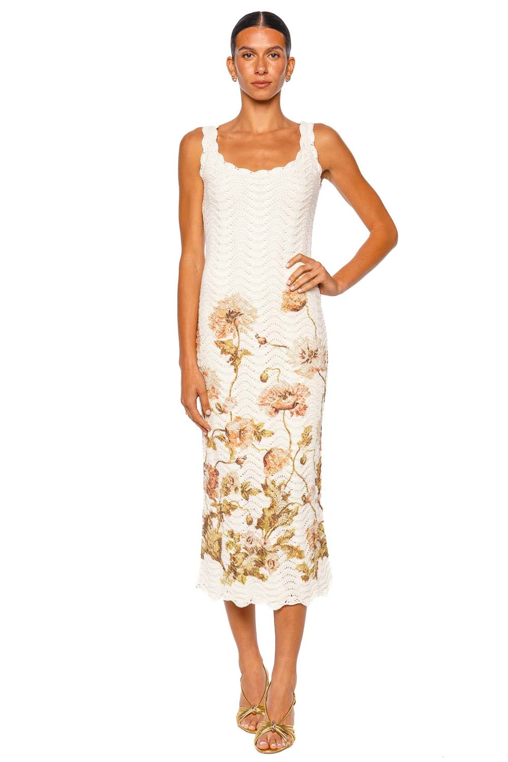 Cara Cara Orel Egret Floral Crochet Knit Midi Dress