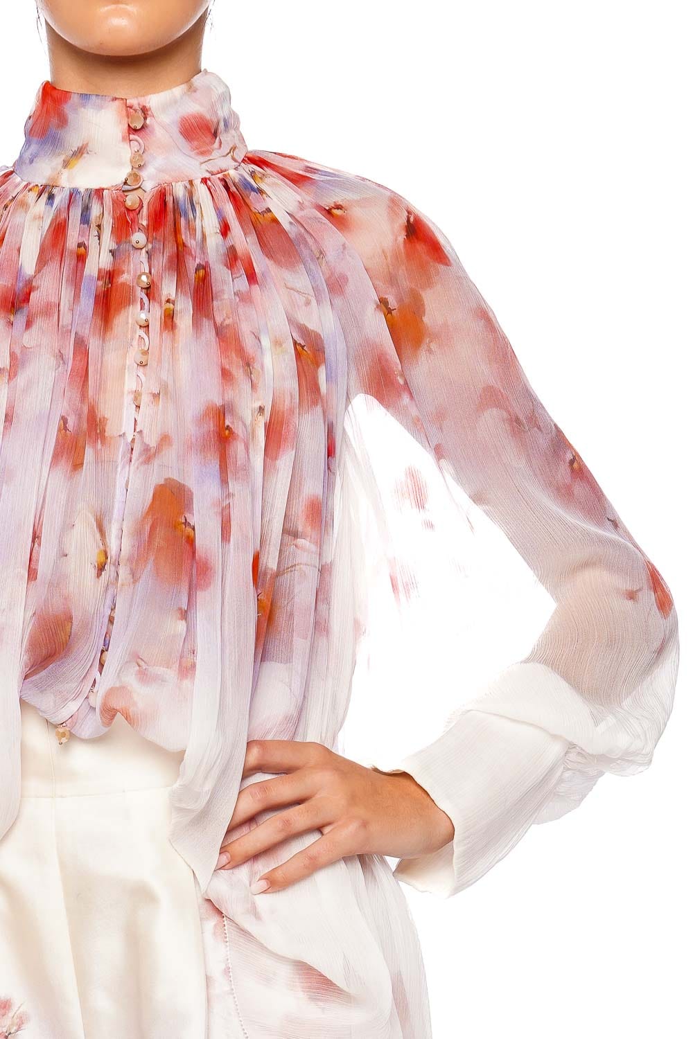 ZIMMERMANN Crush Floral Smocked Long Sleeve Blouse