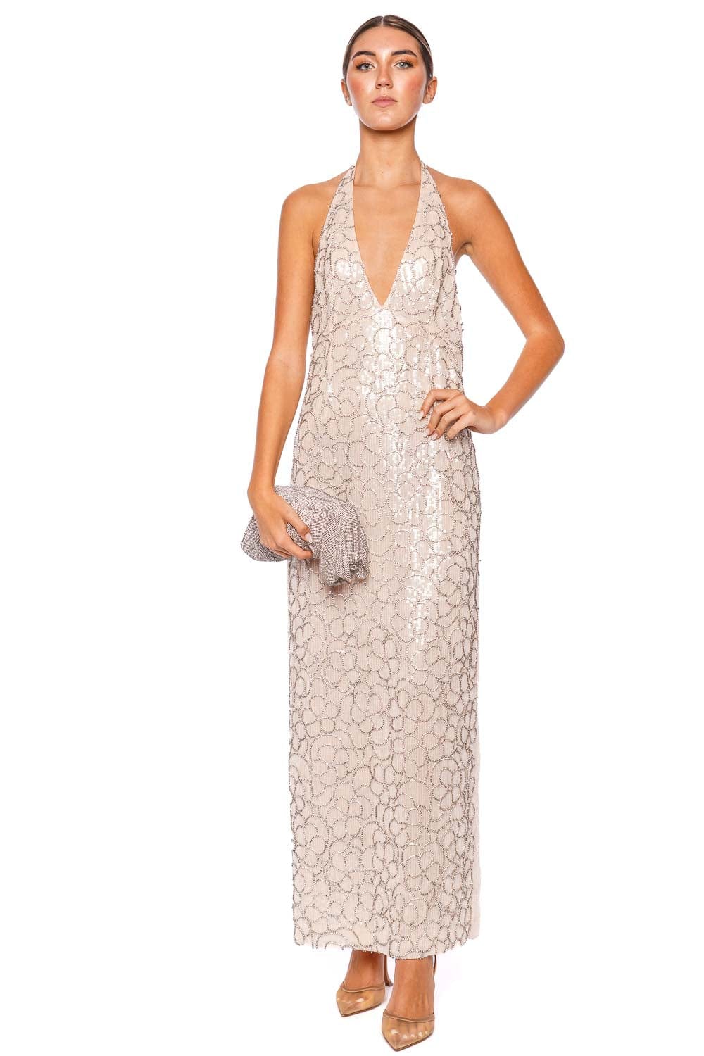 DES_PHEMMES Floral Crystal Open Back Maxi Dress