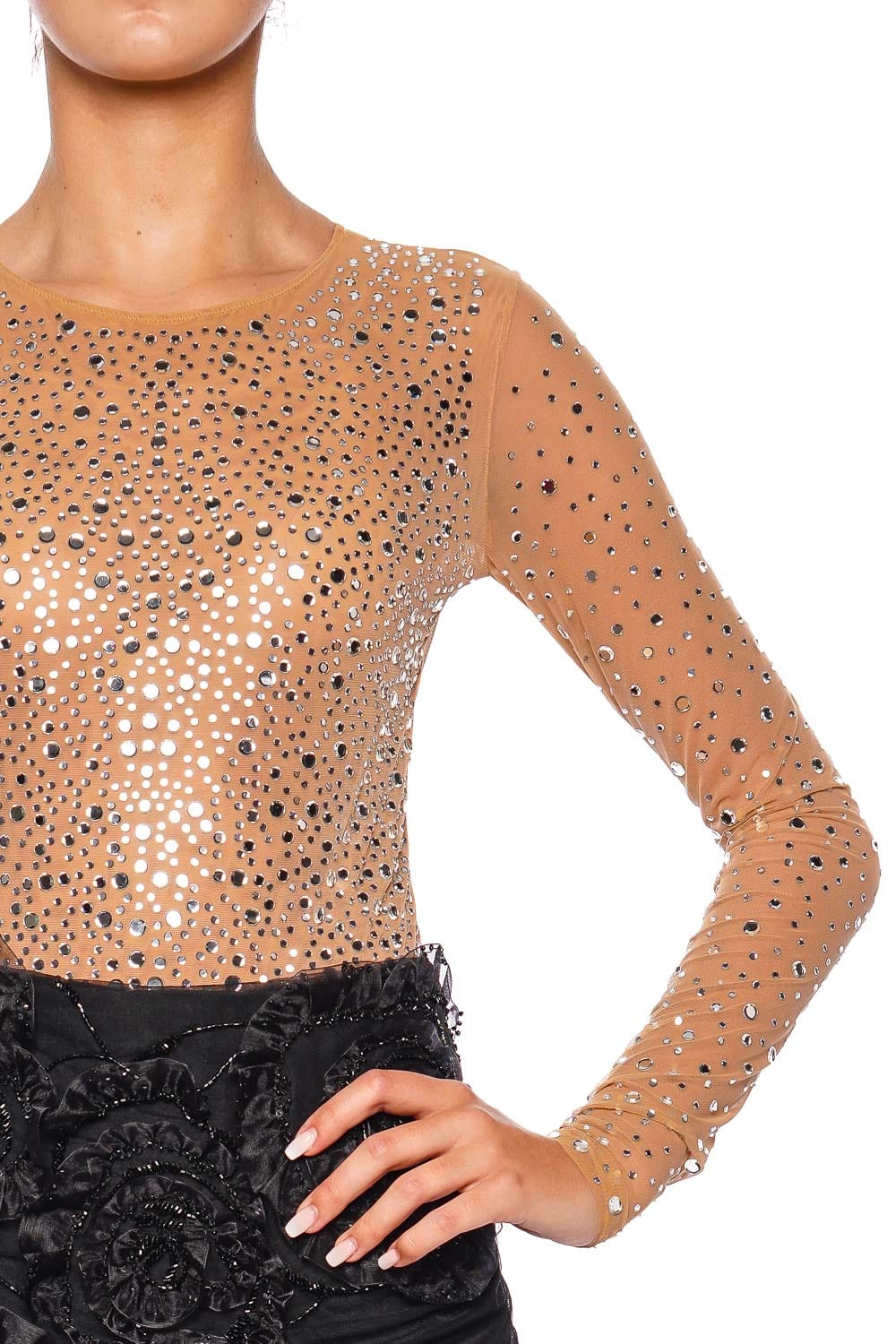 DES_PHEMMES Nude Crystal Embellished Tulle Bodysuit