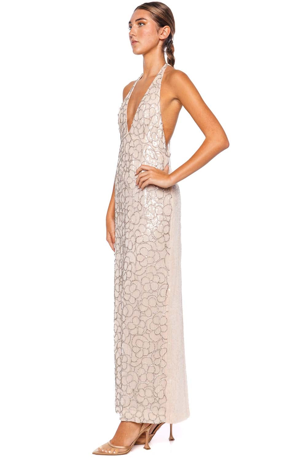 DES_PHEMMES Floral Crystal Open Back Maxi Dress