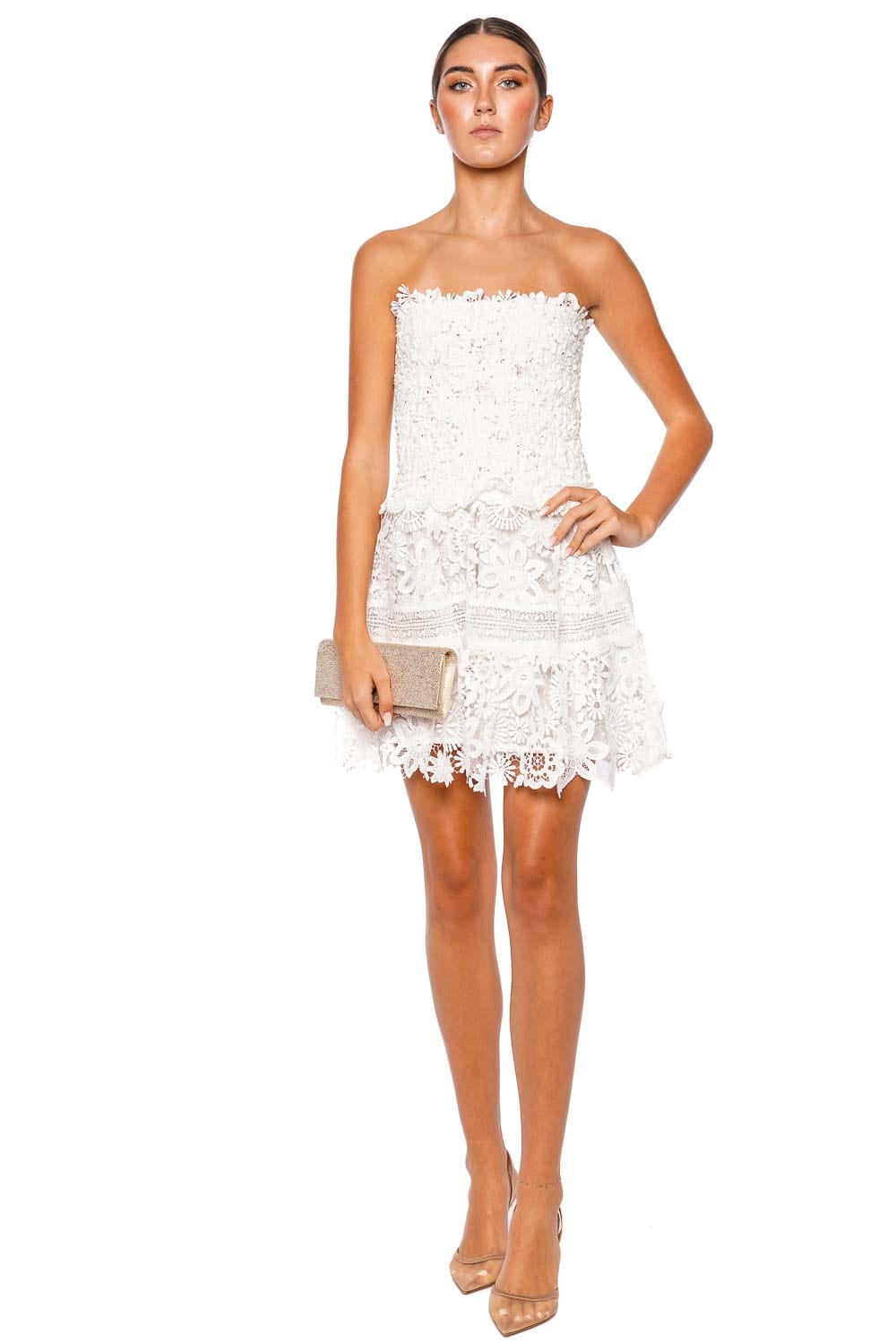 Waimari Tiffany Strapless Shirred Lace Mini Dress