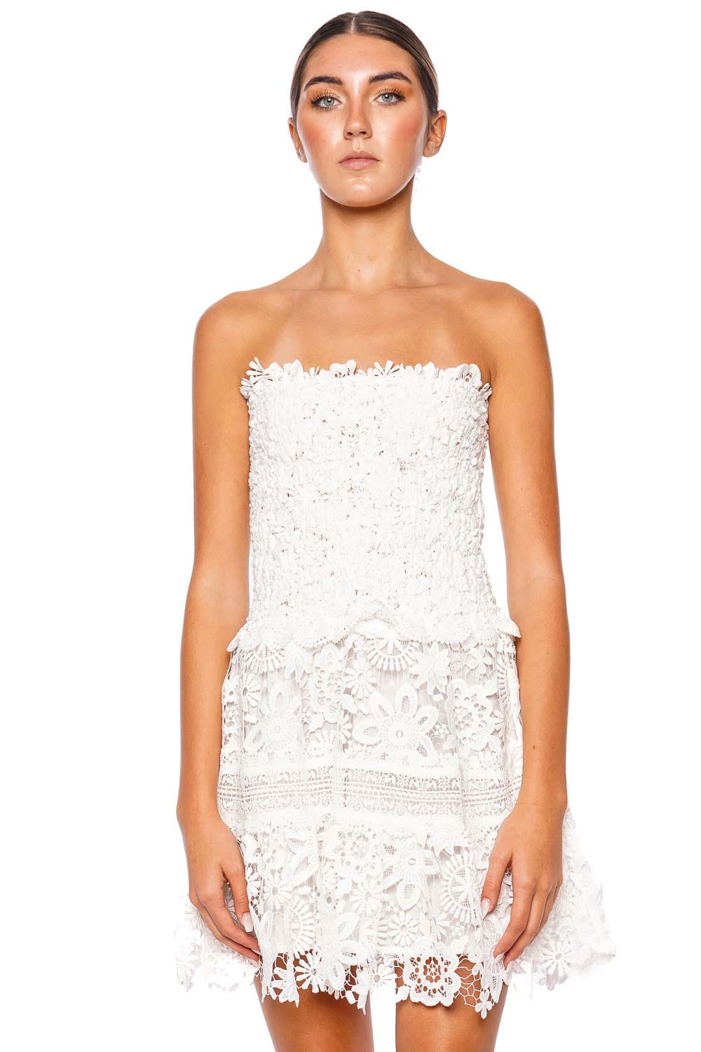 Waimari Tiffany Strapless Shirred Lace Mini Dress