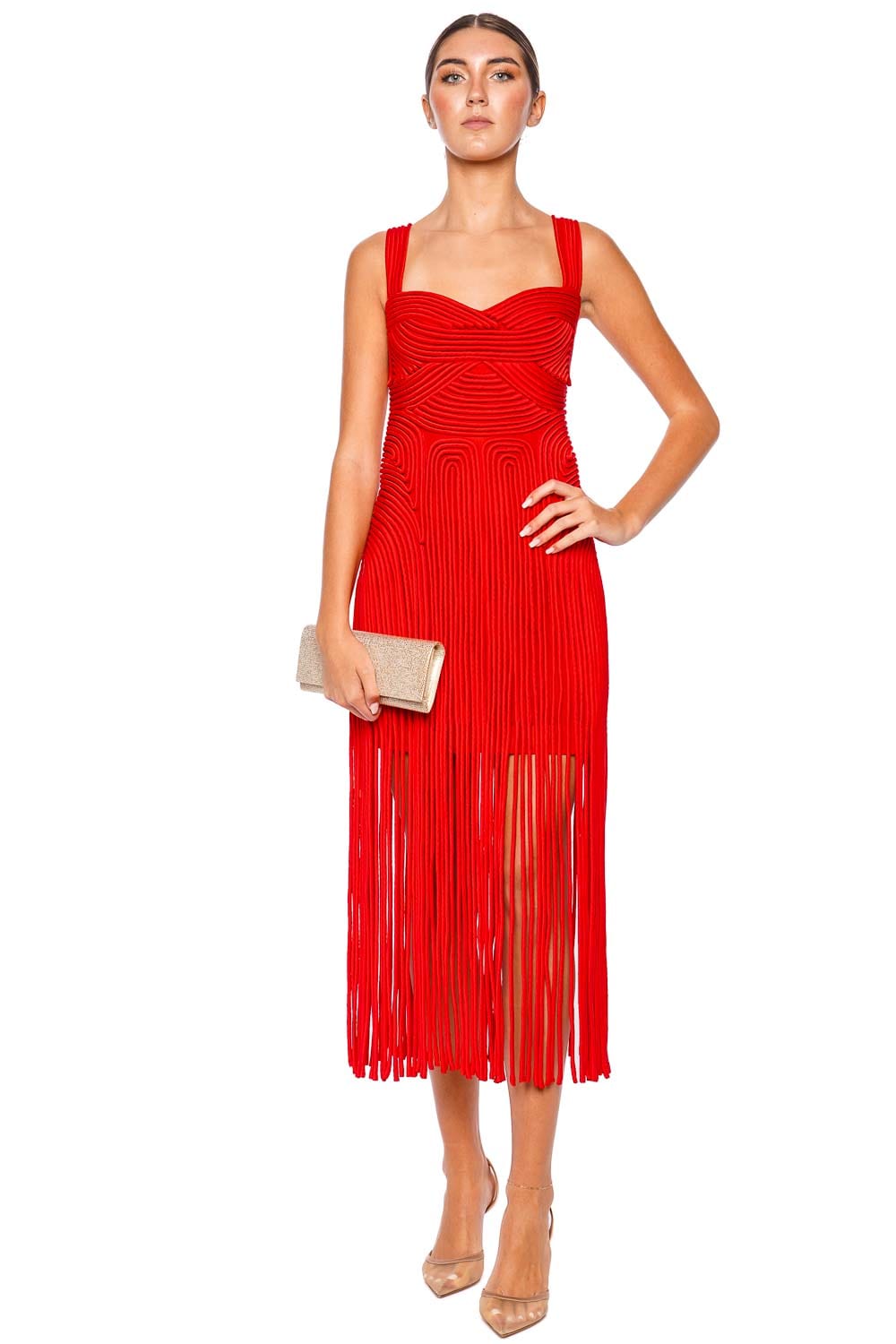 SIMKHAI Darby Macramé Fringe Midi Dress