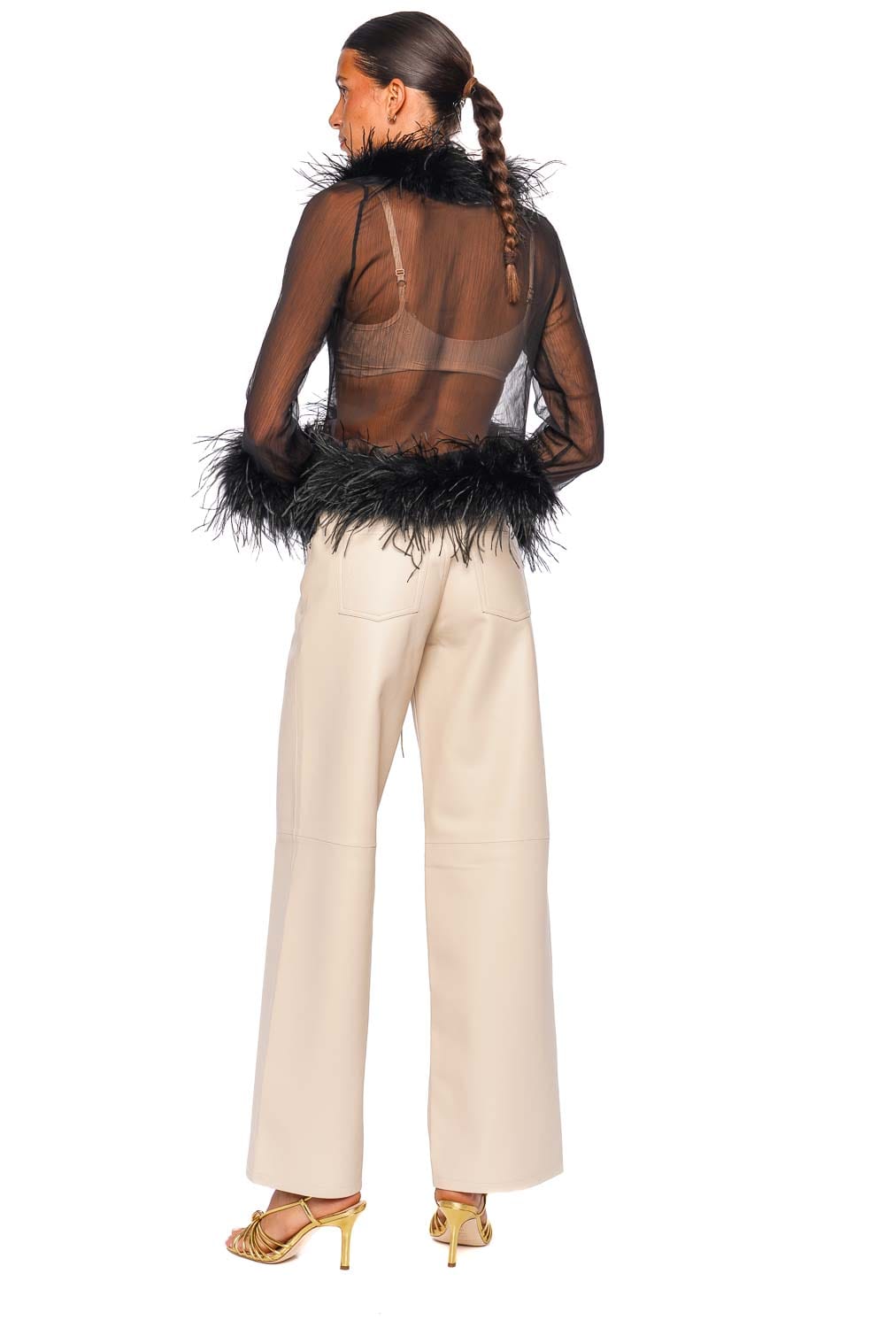 Bubish Gigi Sheer Black Feather Trim Blouse