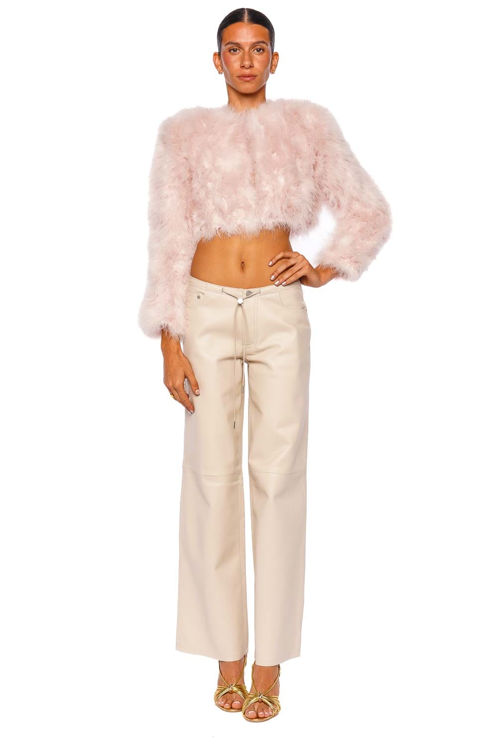 Bubish Manhattan Baby Pink Feathered Crop Jacket