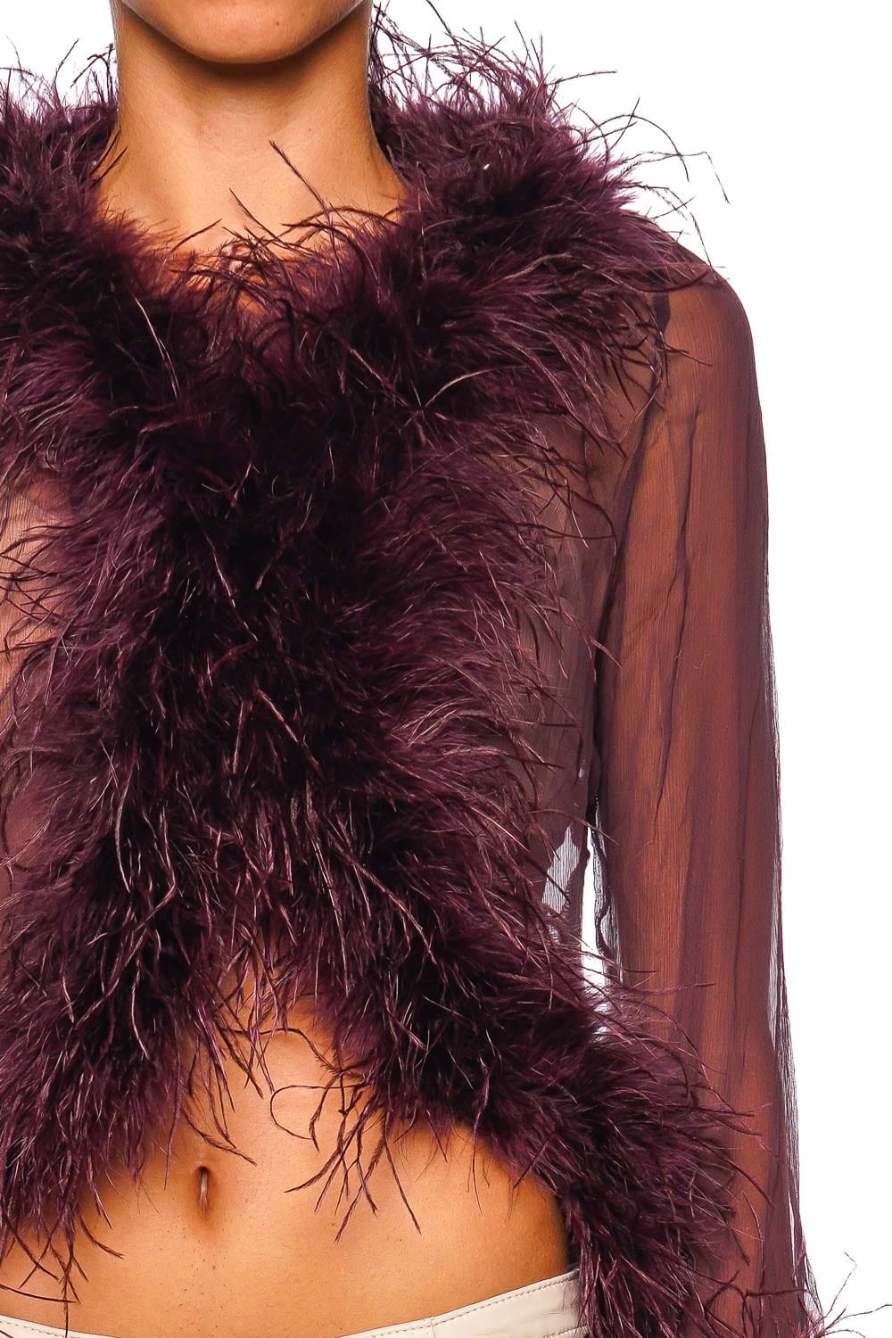Bubish Gigi Sheer Plum Feather Trim Blouse
