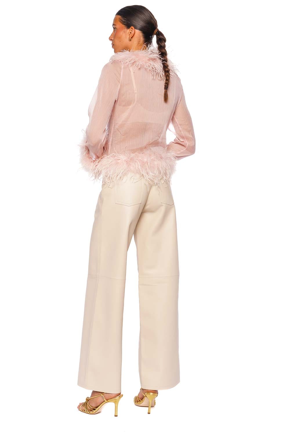 Bubish Gigi Sheer Blush Feather Trim Blouse