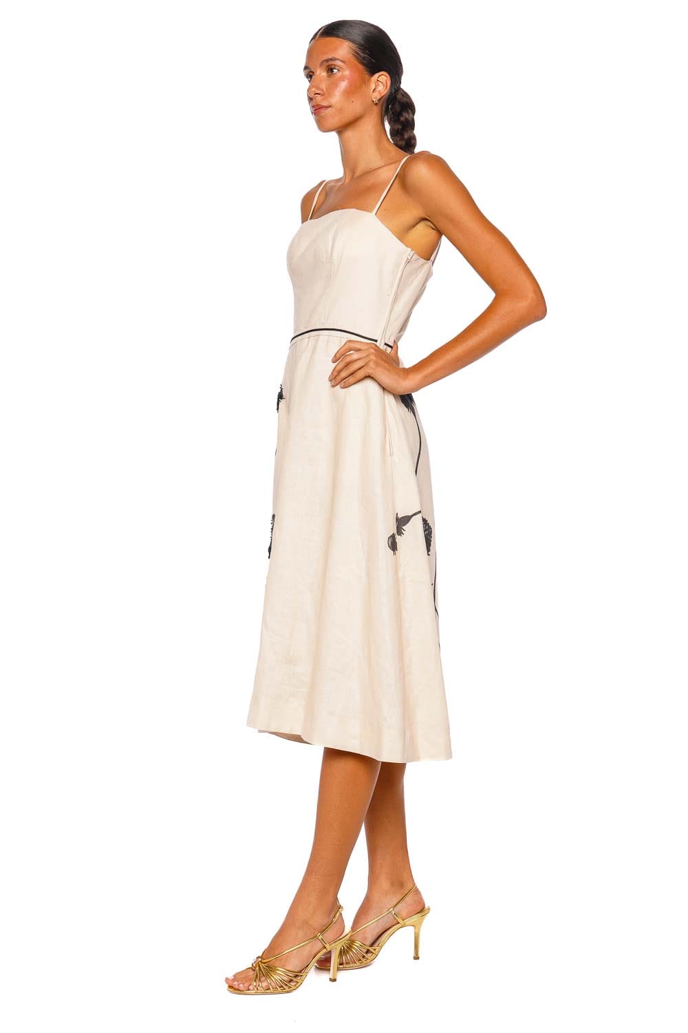 Andres Otalora Viva Floral Embellished LInen Midi Dress